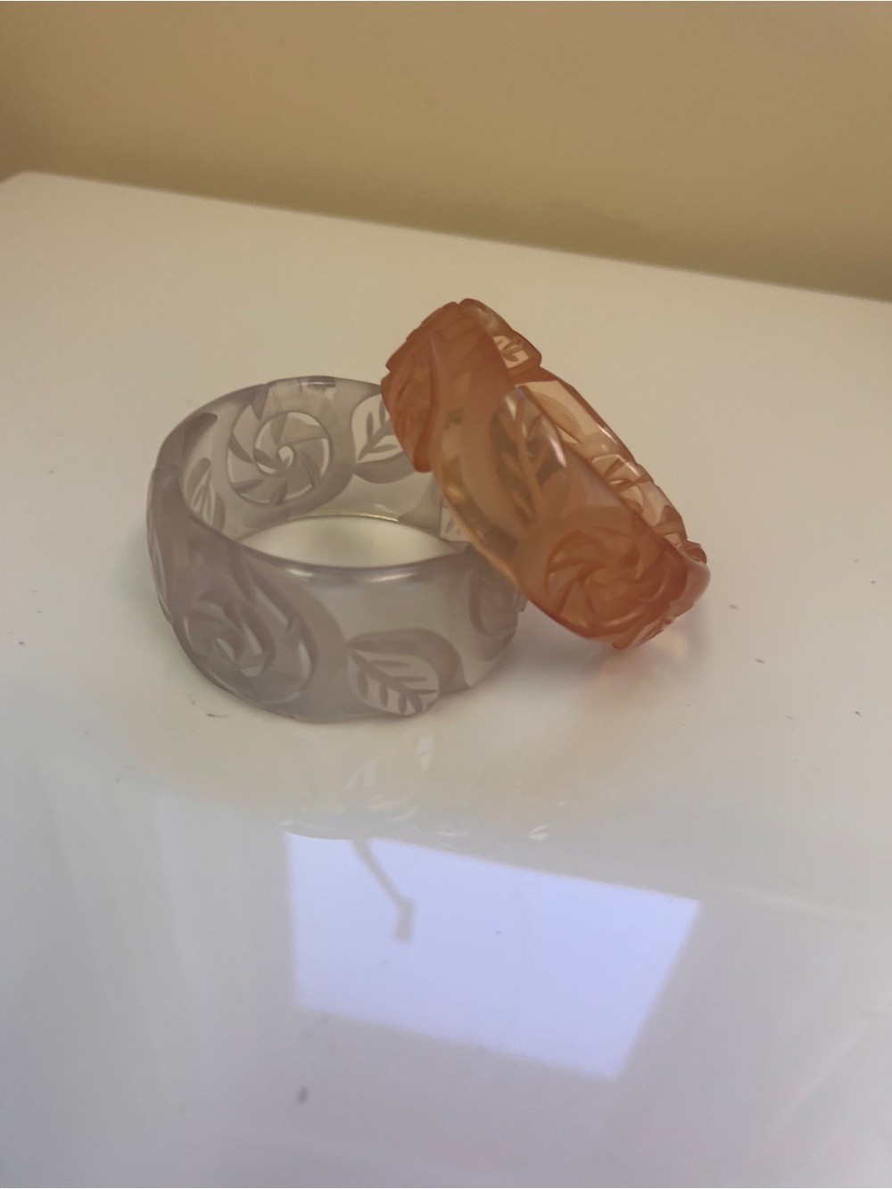Carved Floral Resin Bracelets - Orange and Frosted White